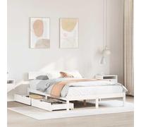 QJBSAVVA Lit en bois de pin massif, 140 x 190 cm, blanc, avec tiroirs et sommier à lattes, lit double, 196,5 x 145,5 x 70 cm, design moderne, pour chambre à coucher et chambre d'amis