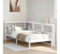 QJBSAVVA Lit en bois de pin massif 90 x 200 cm blanc avec tête de lit en forme de L, lit simple peu encombrant pour chambre d'adolescent, chambre à coucher ou chambre d'amis, stable et durable