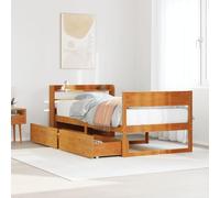 QJBSAVVA Lit en bois massif 100 x 200 cm marron cire, avec sommier à lattes et tête de lit, espace de rangement autoportant, pour chambre à coucher, chambre d'adolescent