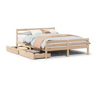 QJBSAVVA Lit en bois massif 135 x 190 cm en pin - Cadre de lit avec sommier à lattes et 2 tiroirs - Lit en bois solide pour chambre à coucher - Lit futon naturel non traité