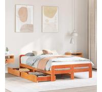 QJBSAVVA Lit en bois massif, 135 x 190 cm, marron cire, avec sommier à lattes, espace de rangement, deux tiroirs, design moderne, pour chambre à coucher, chambre d'amis, chambre d'adolescent