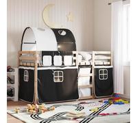 QJBSAVVA Lit gigogne en pin massif - 195,5 x 95,5 x 112 cm - Protection anti-chute - Échelle - Blanc et noir - Rideaux pour chambre d'adolescent - 90 x 190 cm