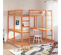 QJBSAVVA Lit mezzanine en pin massif avec bureau et échelle - 205 x 167 x 190 cm - Marron ciré - Protection anti-chute - Lit double pour chambre d'adolescent et petites pièces