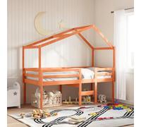 QJBSAVVA Lit mezzanine en pin massif - Marron ciré - 195,5 x 80,5 x 89 cm - Avec toit - Lit de jeu pour enfants à partir de 6 ans - Peu encombrant - Lit simple pour petites pièces et chambres