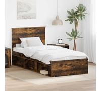 QJBSAVVA Lit simple 90 x 200 cm - Moderne - En bois de chêne fumé - Avec sommier à lattes et tête de lit - Pour chambre d'adolescent, chambre d'amis, chambre à coucher