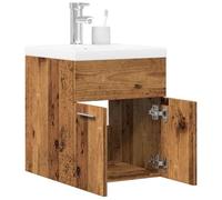 QJBSAVVA Lot de 2 armoires de salle de bain aspect bois vieilli avec lavabo en céramique 41 x 38,5 x 46 cm - Meuble de rangement pour petite salle de bain - Rénovation