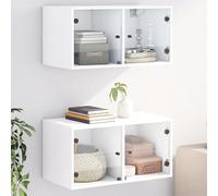 QJBSAVVA Lot de 2 armoires murales - Blanc - 68,5 x 37 x 35 cm - Matériau du bois avec porte en verre - Design moderne - Peu encombrant - Pour salon, bureau, chambre à coucher