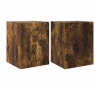 QJBSAVVA Lot de 2 armoires murales TV en bois de chêne fumé - 30 x 31 x 40 cm - Avec portes pivotantes et 2 étagères - Meuble bas peu encombrant pour salon, chambre à coucher, couloir