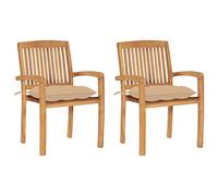 QJBSAVVA Lot de 2 Chaises de Jardin en Bois de Teck Massif avec Coussins Beige, Fauteuils d'Extérieur Empilables pour Terrasse et Patio, Design Vintage avec Accoudoirs, 60 x 57,5 x 90 cm