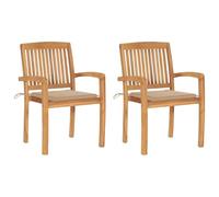 QJBSAVVA Lot de 2 Chaises de Jardin en Bois de Teck Massif avec Coussins Beige, Fauteuils d'Extérieur Empilables au Design Vintage pour Terrasse et Balcon, Finition Lisse, 60 x 57,5 x 90 cm
