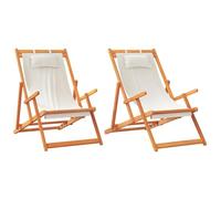 QJBSAVVA Lot de 2 Chaises de Plage Pliables en Bois d'Eucalyptus Massif et Tissu Crème, Transats de Jardin Inclinables 3 Positions avec Oreiller pour Camping et Terrasse