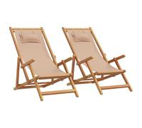 QJBSAVVA Lot de 2 Chaises de Plage Pliantes en Bois d'Eucalyptus avec Oreiller, Transats Inclinables 3 Positions pour Jardin, Terrasse et Balcon, Fauteuils Relax avec Accoudoirs, Taupe