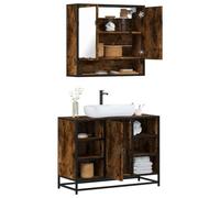 QJBSAVVA Lot de 2 meubles de salle de bain en bois de chêne fumé - 80 x 33 x 60 cm - Meuble de rangement avec miroir - 65 x 20 x 60 cm - Buffet moderne - Cadre en métal - Espace de rangement pour