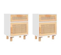 QJBSAVVA Lot de 2 Tables de Chevet en Bois de Pin Massif et Rotin Naturel, Tables de Nuit Design Scandinave avec Tiroir et Compartiment Ouvert pour Chambre, 40x30x50 cm, Blanc