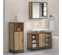 QJBSAVVA Lot de 3 armoires de salle de bain - 80 x 33 x 60 cm - Panneau de particules de chêne avec miroir et meuble sous-lavabo