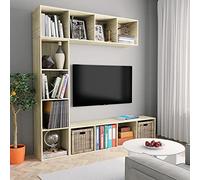 QJBSAVVA Lot de 3 étagères à livres avec meuble TV et armoire suspendue en bois de chêne Sonoma, design fin, 12 compartiments pour livres, DVD et appareils multimédias, parfait pour le salon et le