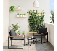 QJBSAVVA Lot de 3 meubles de jardin en rotin - Gris - 49 x 55 x 37 cm - Avec accoudoirs en bois d'acacia et coussins en mousse à mémoire de forme - Table en verre - Salon moderne pour balcon, terrasse