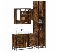 QJBSAVVA Lot de 3 meubles de salle de bain - Chêne fumé - 80 x 33 x 60 cm - Avec cadre en métal - Armoire étroite à miroir - 65 x 20 x 60 cm - Buffet pour petites salles de bain