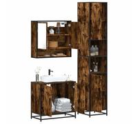 QJBSAVVA Lot de 3 meubles de salle de bain en bois de chêne fumé avec miroir, meuble bas de lavabo et armoire haute, charge maximale de 60 kg, meuble de salle de bain moderne pour petits et petits