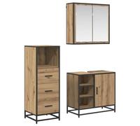 QJBSAVVA Lot de 3 meubles de salle de bain - En chêne artisanal - 65 x 33 x 60 cm - Avec miroir - Meuble sous lavabo - Étagère - Design moderne et robuste - Pour petites salles de bains et WC