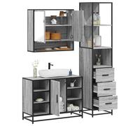 QJBSAVVA Lot de 3 meubles de salle de bain - Gris - Sonoma - 80 x 33 x 60 cm - Meuble sous-vasque avec miroir et armoire de salle de bain - Design moderne et structure en métal - Pour petites salles