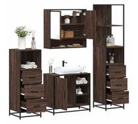QJBSAVVA Lot de 4 armoires de salle de bain, marron, aspect chêne, métal, miroir, lavabo, haut et bas, élégante et pratique, pour salle de bain moderne