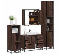 QJBSAVVA Lot de 4 armoires de salle de bain, marron, aspect chêne, métal, miroir, lavabo, haut et bas, espace de rangement pour salle de bain