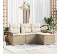 QJBSAVVA Lot de 4 canapés de jardin en polyrotin beige 196 x 117 x 69 cm avec espace de rangement et tabouret pliable, meubles de salon modulaires pour balcon, terrasse, jardin et petits coins