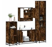 QJBSAVVA Lot de 4 meubles de salle de bain, chêne fumé, 90 x 33 x 60 cm, matériau dérivé du bois avec structure en métal, meuble sous-lavabo et armoire murale, miracle de rangement pour salle de bain