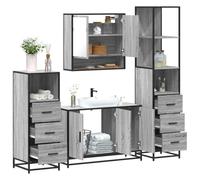QJBSAVVA Lot de 4 meubles de salle de bain - Gris - Sonoma - Structure métallique - 90 x 33 x 60 cm - Meuble sous-lavabo avec miroir - Armoire haute étroite - Design moderne et robuste - Pour petites