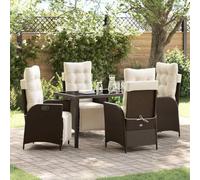 QJBSAVVA Lot de 5 meubles de jardin en polyrotin marron - 140 x 70 x 73 cm - Avec tabouret - Chaises de jardin réglables en hauteur - Pour balcon, terrasse, salon de jardin, extérieur
