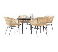 QJBSAVVA Lot de 5 meubles de jardin marron 140 x 70 cm avec plateau en verre et coussins en tissu - Pour extérieur, moderne, balcon, terrasse, salon de jardin