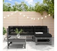 QJBSAVVA Lot de 5 meubles de jardin pliables en pin 57,5 x 63,5 x 60 cm avec lattes grises et coussins noirs, modulaire pour balcon, terrasse, coin salon, extérieur, petit gain de place