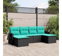 QJBSAVVA Lot de 6 canapés de jardin en polyrotin noir, avec coussins bleus, 55 x 62 x 69 cm, tables d'appoint pliables, modulaires, résistants aux UV, pour balcon, terrasse et petits jardins