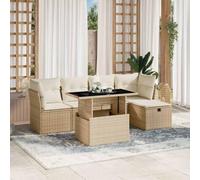 QJBSAVVA Lot de 6 meubles de jardin en polyrotin - Beige - 283,6 x 100 cm - Table à manger réglable en hauteur - Canapé de balcon modulaire - Salon pour petites terrasses et jardin