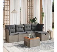 QJBSAVVA Lot de 6 meubles de jardin en polyrotin gris - Canapé d'angle - Tabouret - Table - 62 x 62 cm - Plateau en bois d'acacia résistant aux UV - Modulable - Pour terrasse, jardin, petit balcon