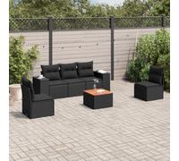 QJBSAVVA Lot de 6 meubles de jardin en polyrotin noir avec table en bois d'acacia - 55 x 55 cm - Peu encombrant - Pour jardin, terrasse, balcon