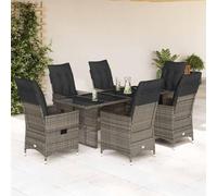 QJBSAVVA Lot de 7 meubles de jardin en polyrotin 190 x 80 cm - Table avec plateau en verre - Fauteuils de jardin réglables avec coussins - Gris - Peu encombrant - Pour balcon, terrasse et petits coins