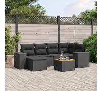 QJBSAVVA Lot de 7 meubles de jardin en polyrotin noir - 62 x 62 x 69 cm - Canapé d'angle - Tabouret - Table en bois d'acacia - Résistant aux UV - Rembourrage épais - Pour balcon, terrasse, jardin