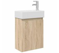 QJBSAVVA Meuble de lavabo avec lavabo et robinet, kit de meubles de salle de bain pour montage mural, lavabo d'invité en chêne Sonoma, lavabo en céramique avec robinet et bonde 45,5 x 22,5 x 84 cm