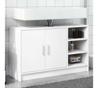 QJBSAVVA Meuble de lavabo blanc 90 x 29 x 55 cm en matériau dérivé du bois avec 2 portes et 3 compartiments ouverts - Meuble de rangement pour salle de bain