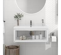 QJBSAVVA Meuble de lavabo mural, blanc, 79 x 38 x 31 cm, en fer revêtu par pulvérisation, avec espace de rangement pour serviettes et paniers, étagère de salle de bain robuste pour l'ordre dans la