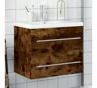 QJBSAVVA Meuble de salle de bain avec bac encastrable, chêne fumé, 60 x 38,5 x 48 cm, en bois dérivé du bois, avec bac en céramique, tiroir et montage mural, pour l'ordre et le style