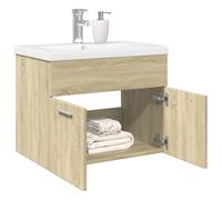 QJBSAVVA Meuble de salle de bain avec bac encastrable en chêne Sonoma - 60 x 38,5 x 46 cm - Meuble de rangement - Meuble de salle de bain avec bac en céramique - Blanc
