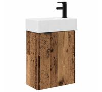 QJBSAVVA Meuble de salle de bain avec lavabo en céramique - 45,5 cm - Meuble de salle de bain avec robinet et bonde noirs - Montage mural - Aspect bois vieilli