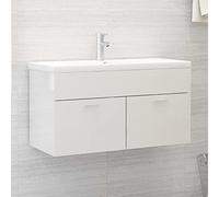 QJBSAVVA Meuble sous-vasque, blanc brillant, 90 x 38,5 x 46 cm, avec robinet encastrable, en céramique, 91 x 39 x 18 cm, bonde push-open pour salle de bain, WC d'invités