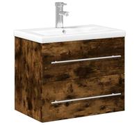 QJBSAVVA Meuble sous Vasque de Salle de Bain Suspendu avec Lavabo Encastré Céramique Robinet et Bonde Inclus Armoire de Toilette Design Chêne Fumé 1 Tiroir 60x38,5x48 cm