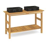 QJBSAVVA Meuble sous Vasque Double en Teck Massif avec 2 Lavabos en Marbre Noir, Armoire de Salle de Bain avec Barre Porte-Serviette pour Toilette, 132 x 45 x 75 cm