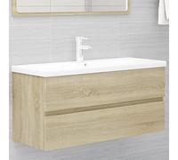 QJBSAVVA Meuble sous-vasque encastrable, en chêne Sonoma, 100 x 38, 5 x 45 cm, robuste, design avec bac en céramique et bonde d'évacuation Push Open pour salle de bain et buanderie