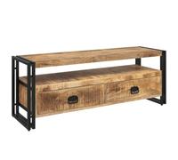 QJBSAVVA Meuble TV 120 x 35 x 45 cm en bois de manguier massif avec cadre en acier, meuble bas au look vintage avec 2 tiroirs, buffet peu encombrant pour salon, chambre et couloir